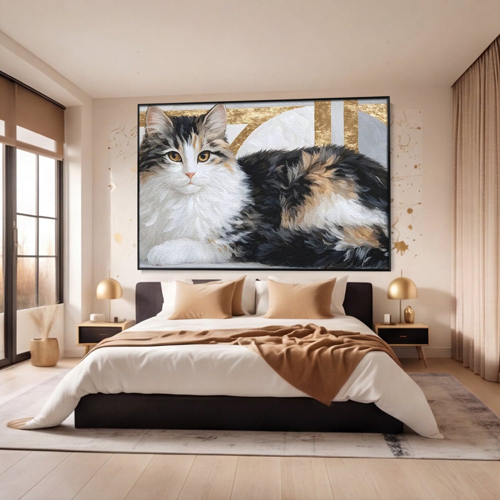 Tablou canvas cu tablou canvas cu pisica calico si accente aurii, in rama de aluminiu negru, pe perete intr-un dormitor